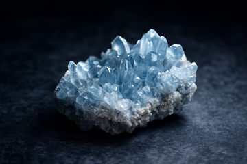 Raw celestite crystal cluster with soft blue tones on a dark editorial background