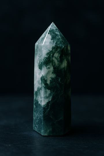 Raw moss agate crystal point on dark background showcasing green natural inclusions