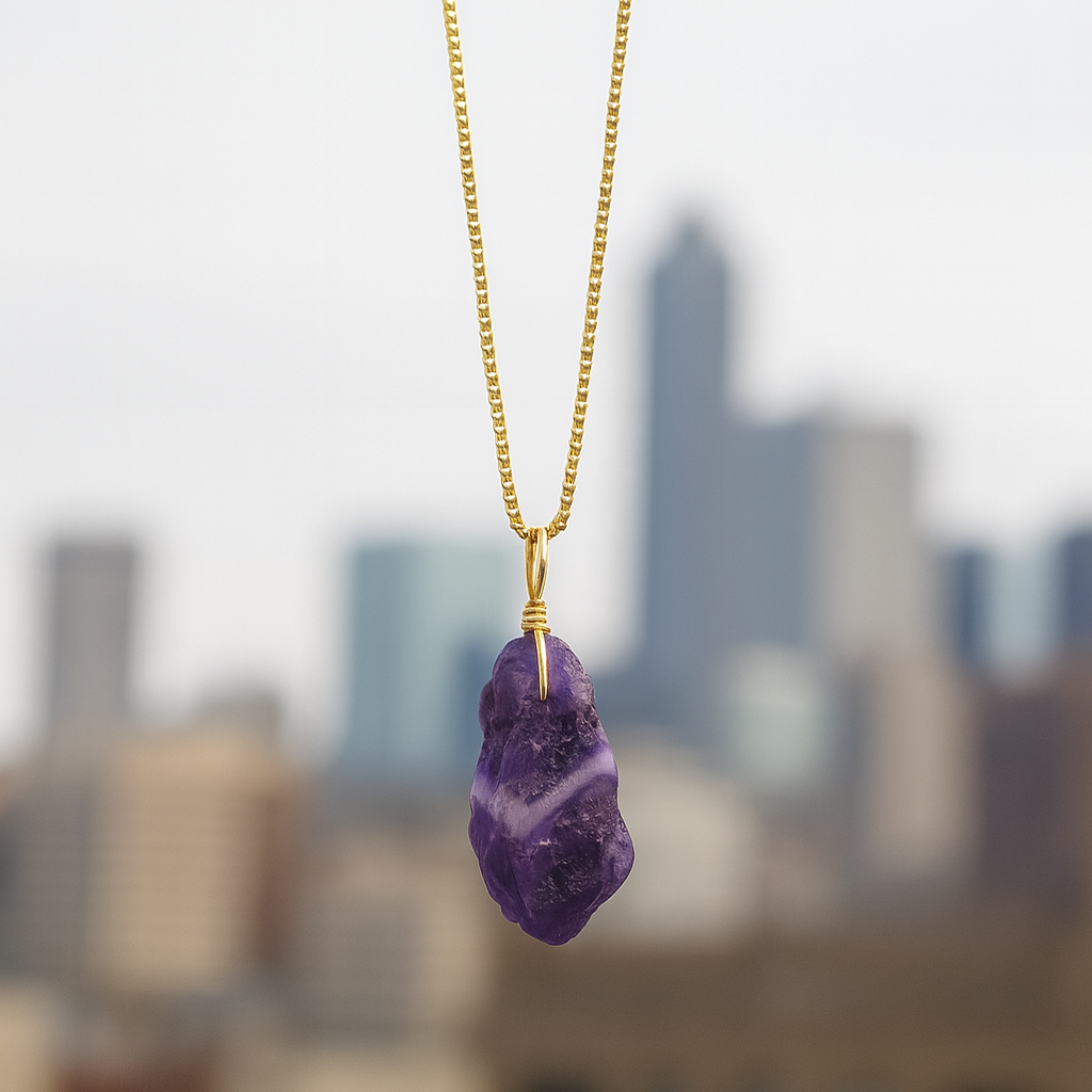 Purple crystal necklace on a blurred cityscape background