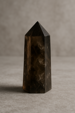 Smoky quartz crystal tower on textured surface